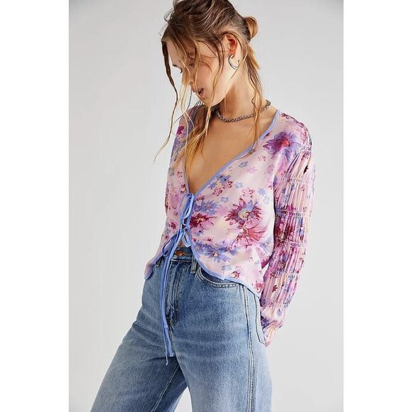 NEW! Free People Venice printed long sleeve purple floral tie blouse top size XS - Picture 1 of 7